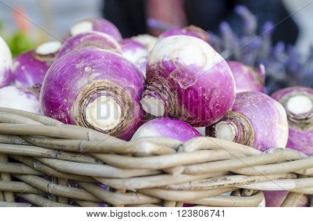 Fresh organic turnip on a basket at market.