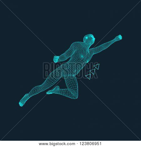 Jump Man. Polygonal Design. 3D Model of Man. Geometric Design. Business, Science and Technology Vector Illustration. 3d Polygonal Covering Skin. Human Polygon Body. 