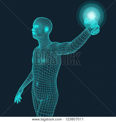 Man Pointing his Finger. 3D Model of Man. Geometric Design. Vector Illustration. 3d Polygonal Covering Skin. Human Polygon Body. Human Body Wire Model.  