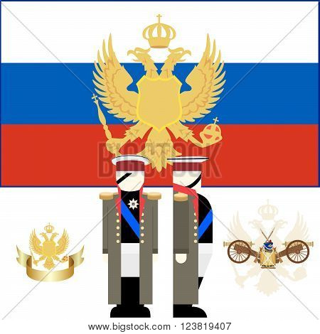 The coat of arms and the flag of Russia. Chief of the Russian army Kutuzov. The illustration on a white background.