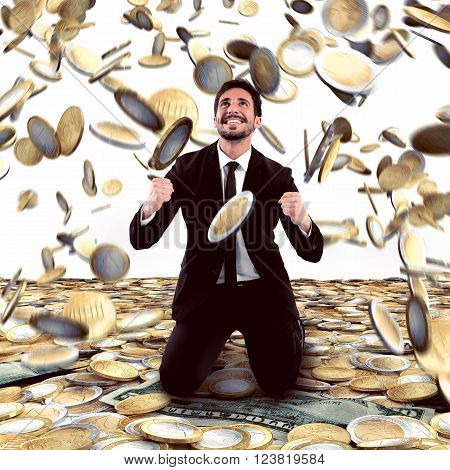Businessman exults under a rain of money