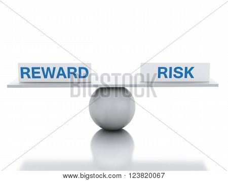 3D Illustration. Seesaw balance between reward and risk. Business concept. Isolated white background.