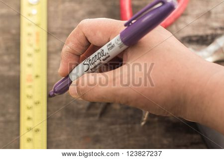 JOHOR, Malaysia-March 21, 2016: A carpenter hand holding purple Sharpie pen. Selected focus. Sharpie is an American manufacturer of writing instruments whose products are sold in over 20 countries
** Note: Shallow depth of field