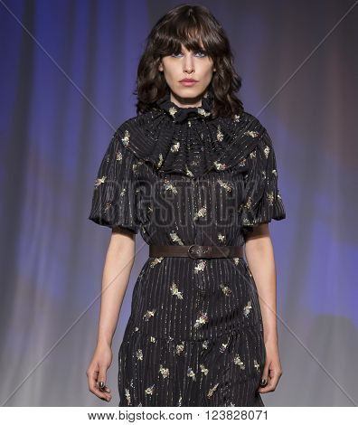New York City USA - February 13 2016: Lorelle Rayner walks the runway during the Jill Stuart Women's show as a part of Fall 2016 New York Fashion Week