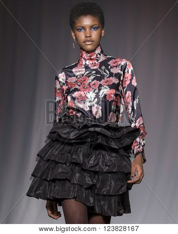 New York City USA - February 13 2016: Amilna Estevao walks the runway during the Jill Stuart Women's show as a part of Fall 2016 New York Fashion Week