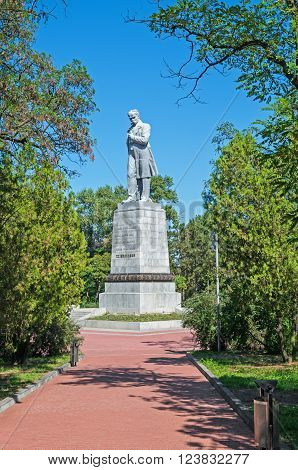 Dnepropetrovsk Ukraine - August 22 2015: Taras Shevchenko monument Ukrainian poet writer public and political figure as well as folklorist and ethnographer known for as a painter and an illustrator