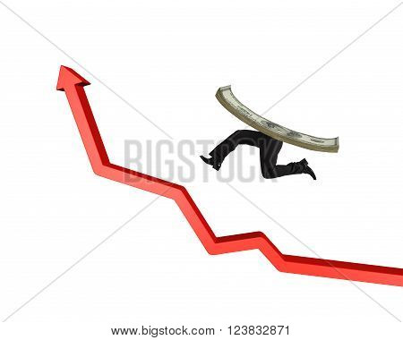 Money with human legs running on red arrow up graph isolated on white background.