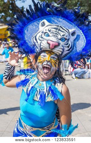 BARRANQUILLA COLOMBIA - FEB 07 : Participant in the Barranquilla Carnival in Barranquilla Colombia on February 07 2016. Barranquilla Carnival is one of the biggest carnival in the world