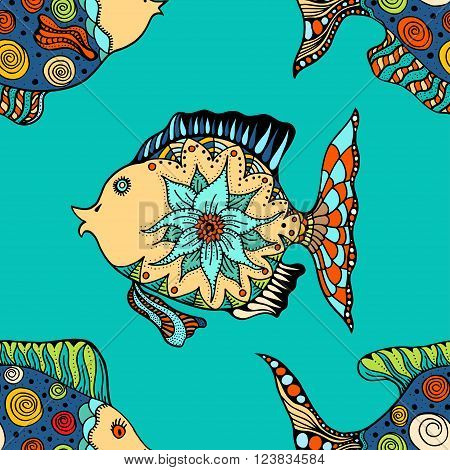 Seamless background of abstract fish: pipefish and small fish plants hand drawn style zentangl. Colored vector illustration.