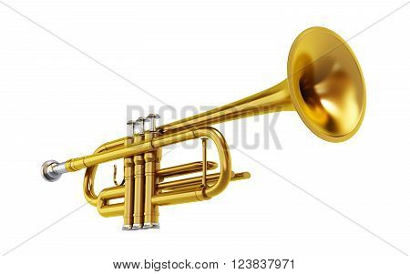 Brass shiny trombone isolated on white background.