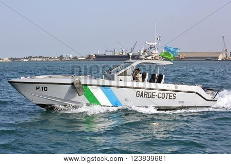 GULF OF ADEN, REPUBLIC OF DJIBOUTI - FEBRUARY 08, 2016: Djiboutian Coast Guards patrol in the port harbor
