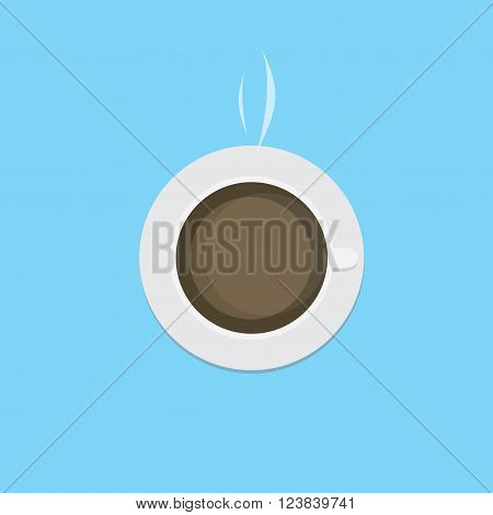 A cup of hot coffee on a blue background. A cup of coffee in a flat style. Banner poster or logo for your store or business. Vector illustration.