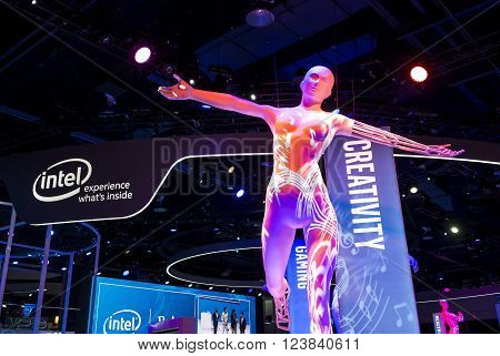 LAS VEGAS - JAN 06 : The Intel booth at the CES show held in Las Vegas on January 06 2016 CES is the world's leading consumer-electronics show.