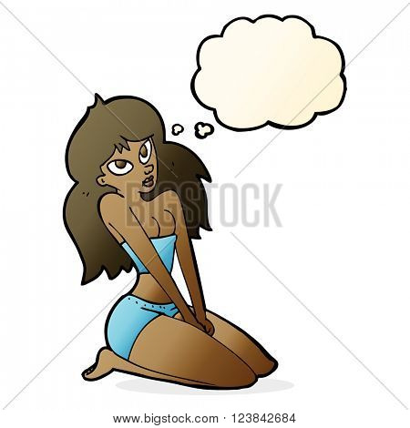 cartoon woman in skimpy clothing with thought bubble