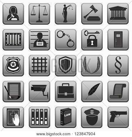 theme law . different sign . icons on button . police scales gavel judge handcuffs prison .lady justice . Grey black.