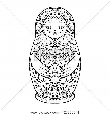 Matryoshka coloring book for adults vector illustration. Anti-stress coloring for adult. Zentangle style. Black and white lines. Lace pattern