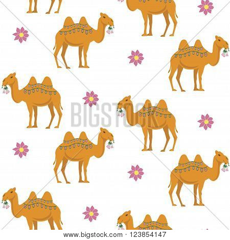 Seamless pattern with  cute camel and flowers