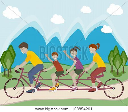 Vector illustration of family enjoying tandem bicycle ride in park outside. Family teamwork on a multiple seat bike. Lifestyle vector flat design