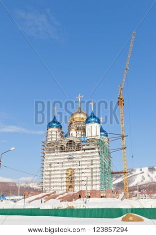 YUZHNO-SAKHALINSK RUSSIA - MARCH 17 2016: Construction of Nativity of Jesus Cathedral in Yuzhno-Sakhalinsk Russia