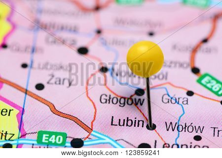 Photo of pinned Lubin on a map of Poland. May be used as illustration for traveling theme.