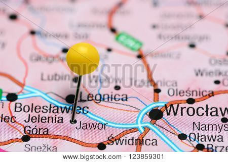 Photo of pinned Jawor on a map of Poland. May be used as illustration for traveling theme.