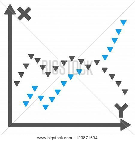 Dotted Functions Plot vector icon. Style is bicolor flat icon symbol blue and gray colors white background triangle dots.