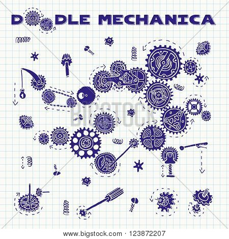 Doodle mechanica. Sketch on notebook sheet arrangements . Doodle cartoon mechanism with machinery and cogwheels. Vector. Isolated