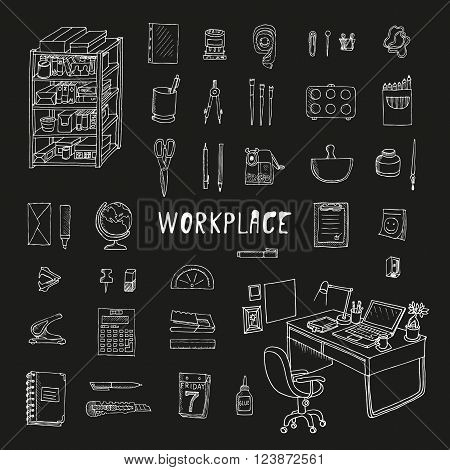 Workplace with stationery. Doodle set. Vector. Isolated