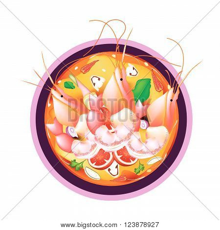 Thai Cuisine, Tom Yum Goong or Thai Spicy and Sour Soup with Shrimps, Mushroom, Coconut Milk and Herbs. One of The Most Popular Dish in Thailand.