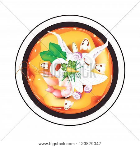 Thai Cuisine Tom Yum Goong or Thai Spicy and Sour Soup with Squids Mushroom Coconut Milk and Herbs. One of The Most Popular Dish in Thailand.
