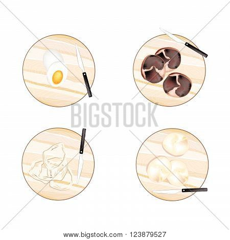 Cuisine and Food Different Kind of Raw Meat and Eggs on Wooden Cutting Boards.