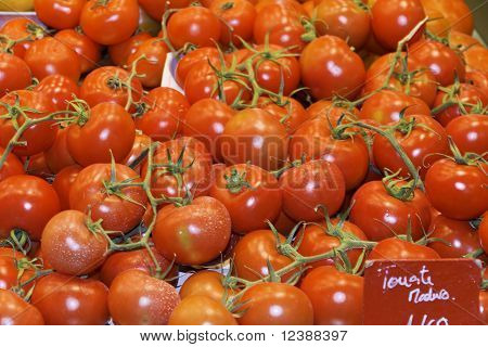 Tomates vermelhos em um mercado de frutas