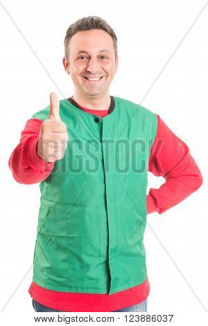 Hypermarket male employee showing thumbup or like gesture