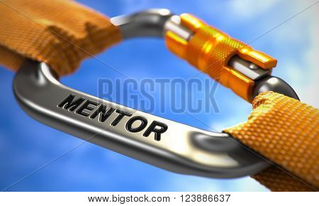 Chrome Carabiner between Orange Ropes on Sky Background, Symbolizing the Mentor. Selective Focus. 3D Render.