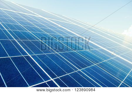 Close up with solar power silicon panels. Photovoltaic system.