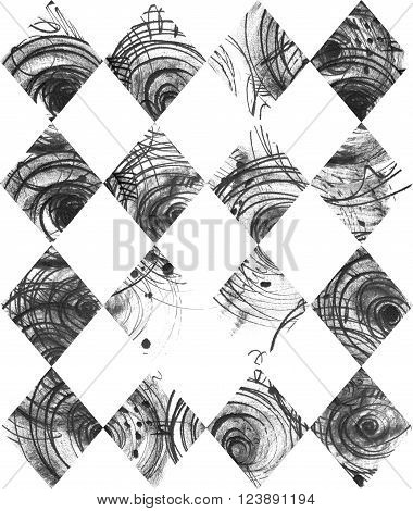 Seamless black and white background based on handdrawn ink rhombus hand made in freehand style laconic imperfect on textured watercolor paper beautiful illustration for presentation or design
