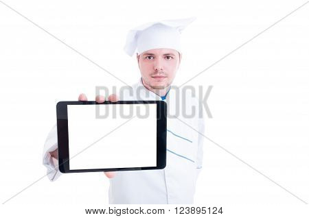 Chef Or Cook Showing Tablet With Blank White Empty Screen