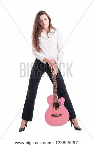 Elegant Long Hair Woman With High Heels Holding Pink Quitar
