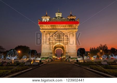 Patuxay monument in Vientiane at twilight Laos.