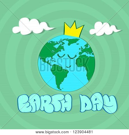 Earth Day World Globe Face Yeas Cartoon Character Wear Crown Sleep Vector Illustration