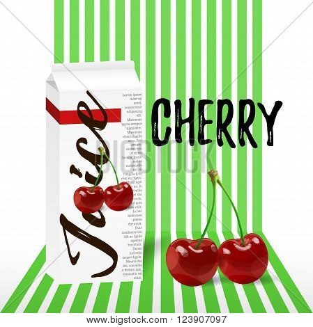 Cherry juice carton box vector illustration. For juice label, jam