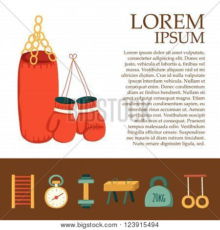 Gym equipment background with cartoon objects. Sport healthy life concept. Fitness equipment design