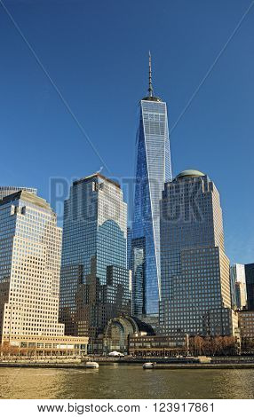 View of the World Financial Center New York City from the Hudson River.