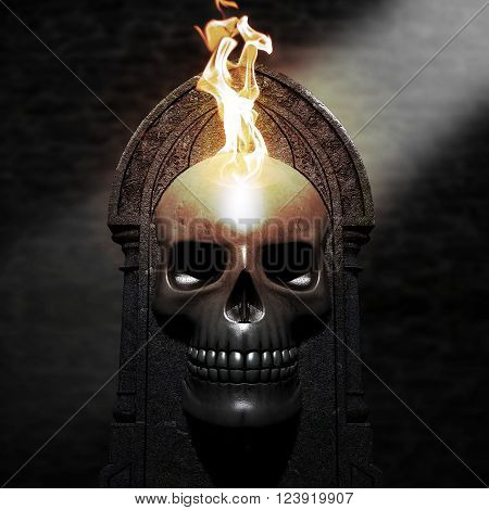 3D render of a burning skull in a moody halloween setting.