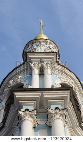 Bell tower of Naval Cathedral of St. Nicholas and the Epiphany in St.Petersburg at sunny day Russia.