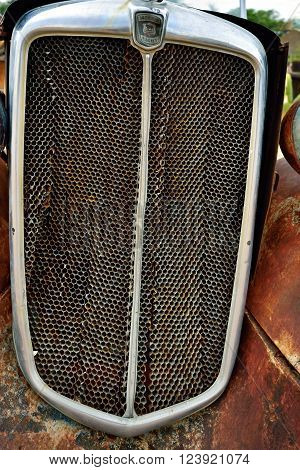 SOLITAIRE NAMIBIA - JAN 30 2016: Grill of the old Morris Eight car at the service station at Solitaire in the Namib Desert Namibia. Popular touristic destination