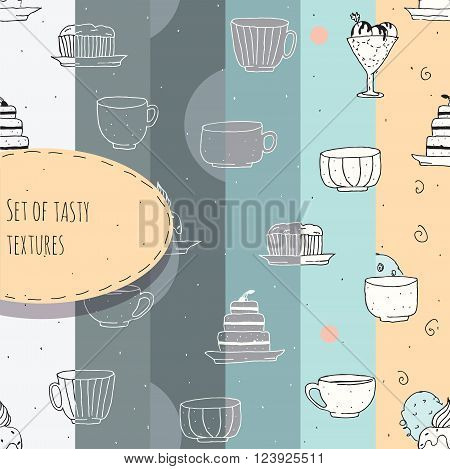 Set of hand-drawn textures with tea and coffee cups and cakes. Vector illustration made in pastel colors in six different tone variations perfect for bakery tea shops and cafe.