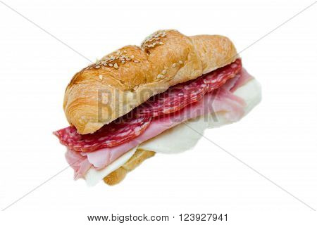 Cornetto savory filling with salami on white background