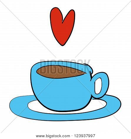 Vector illustration of a cup of tea or coffee in a blue cup and saucer with a red heart floating above it