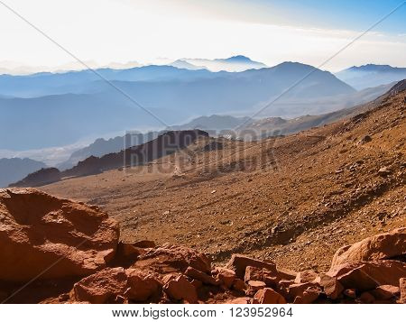 Tourists descend from the Mount Sinai after the night hike to the summit of Aka Jebel Musa, Sinai Peninsula in Egypt.